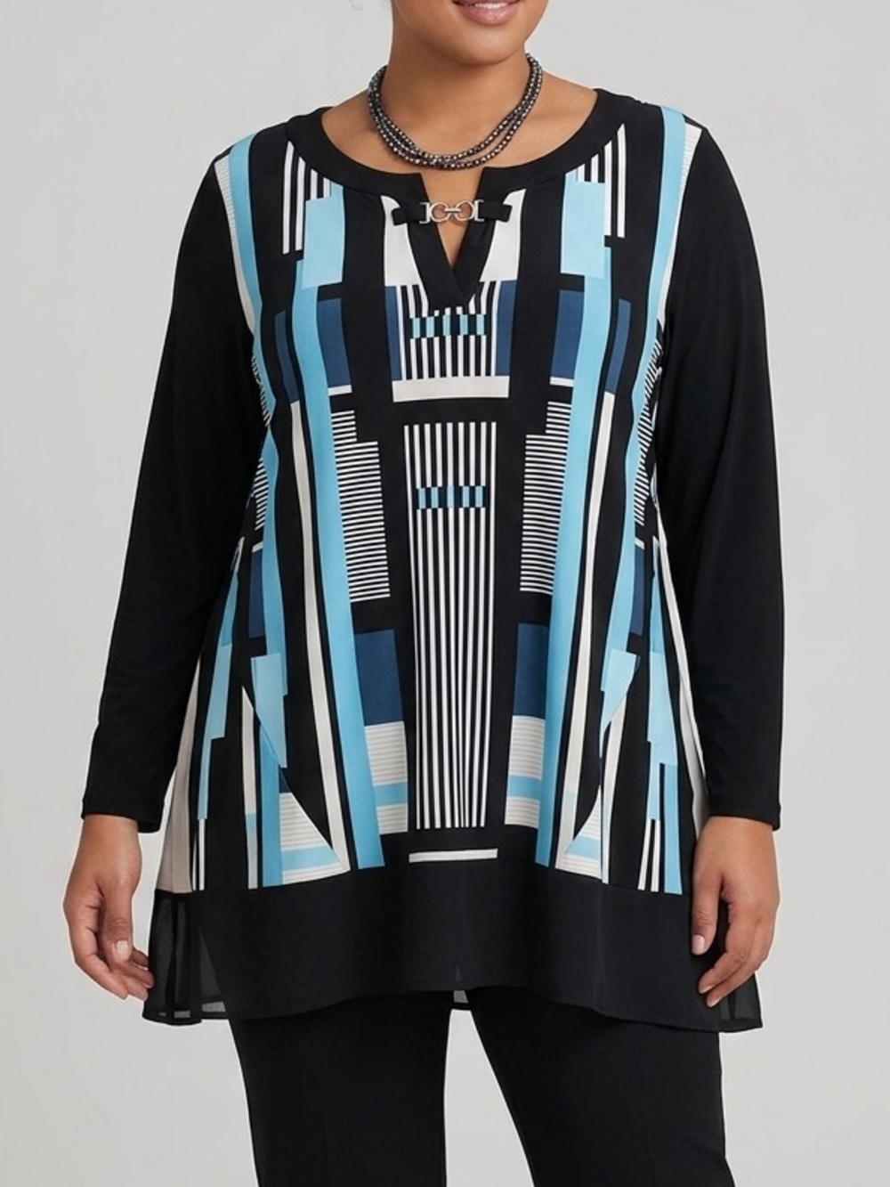 😍SHOW SPECIAL STYLE & CO Black Teal Cream White Geometric Long-Sleeve Tunic 2X